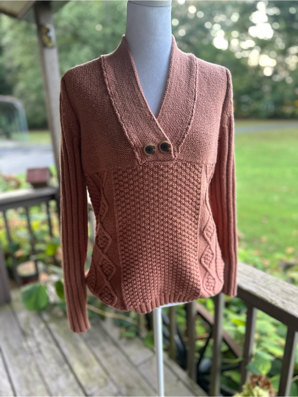 Natural Reflections Rust Copper V-Neck Buttoned Cable Knit Sweater